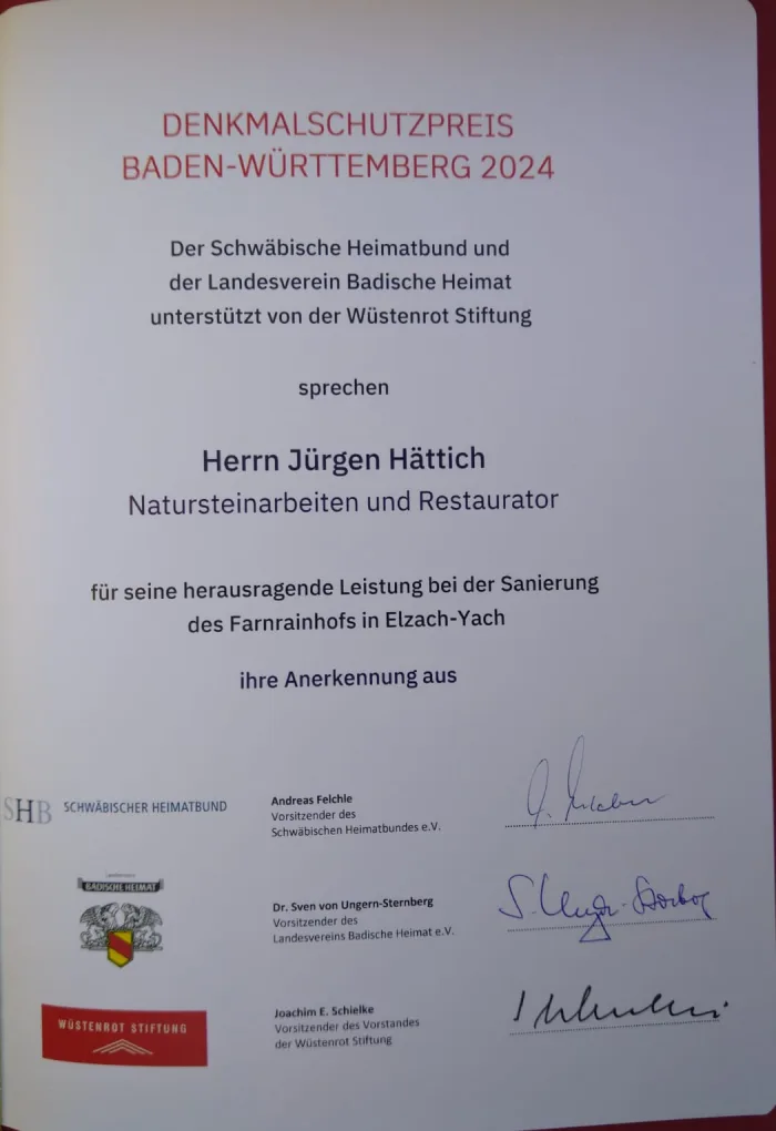 Urkunde Denkmalschutzpreis Baden-Württemberg 2024, Anerkennung für Jürgen Hättich für die Sanierung des Farnrainhofs